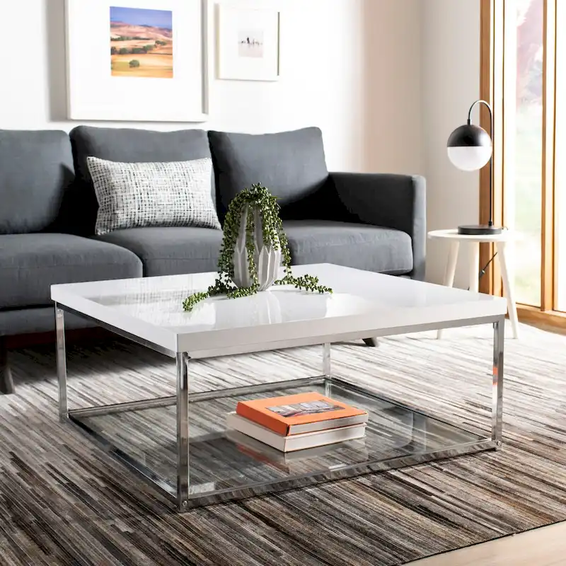 SAFAVIEH Bettylou White/Chrome High Gloss Coffee Table - 35.4  W x 35.4  D x 15.7  H - 35Wx35Dx16H