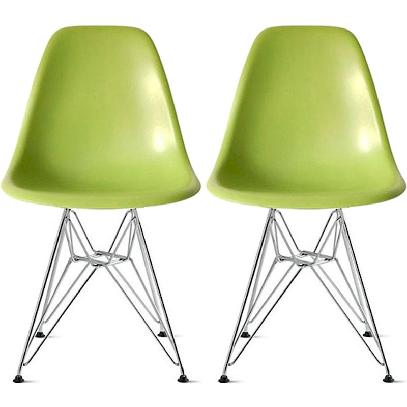 Set of 2 Modern Color Pyramid Seat Height DSW Molded Armless Plastic Dining Room Chairs Chrome Wire Eiffel Dowel Legs