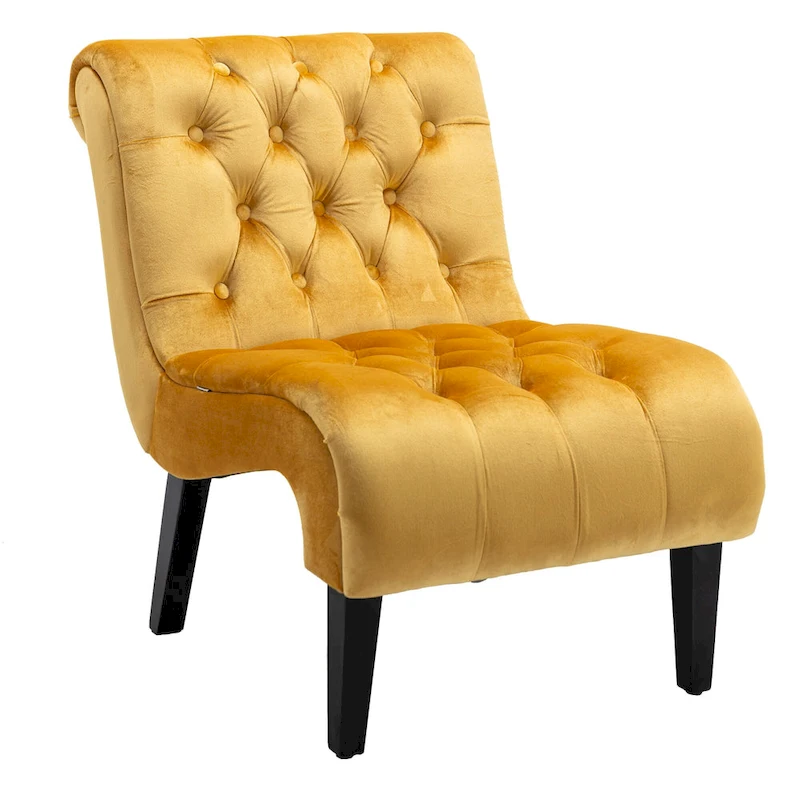 Velvet Armless Accent Chair with Wooden Legs and Thick Cushioned Seat