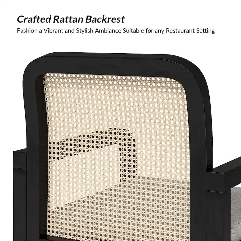 Modern Rattan Back Dining Chair with Removable Cushion - Rubber Wood Frame, Linen Upholstery