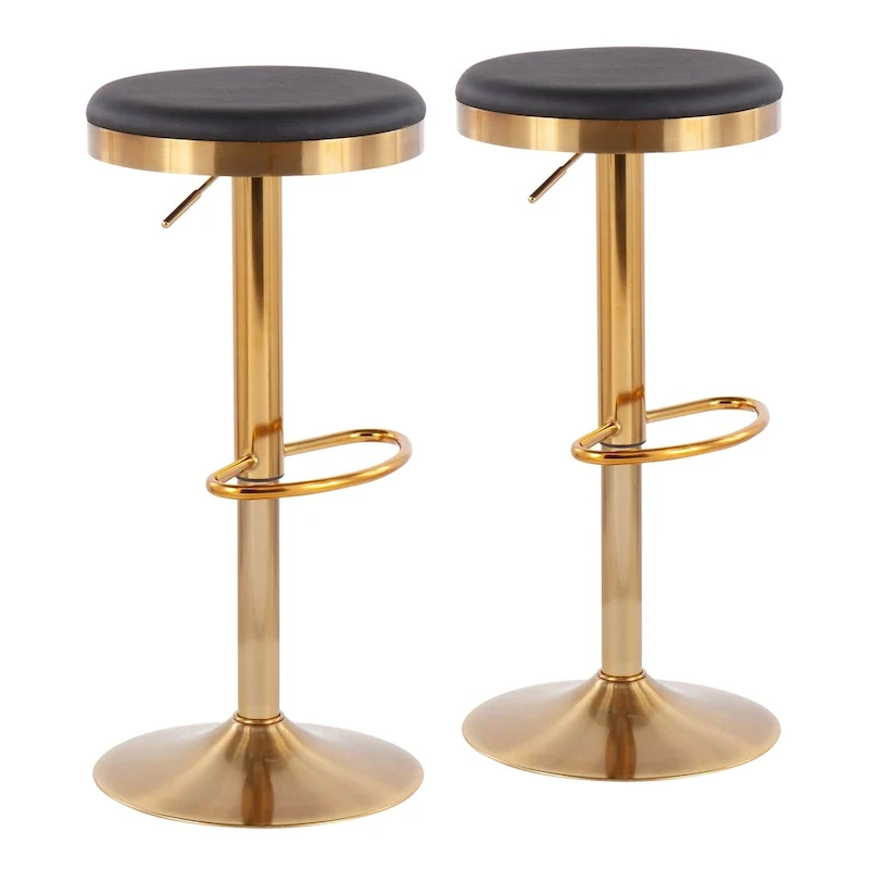 Gold Steel Barstool with Upholstered Seat - Set of 2 - Adjustable Height 23-31.75H