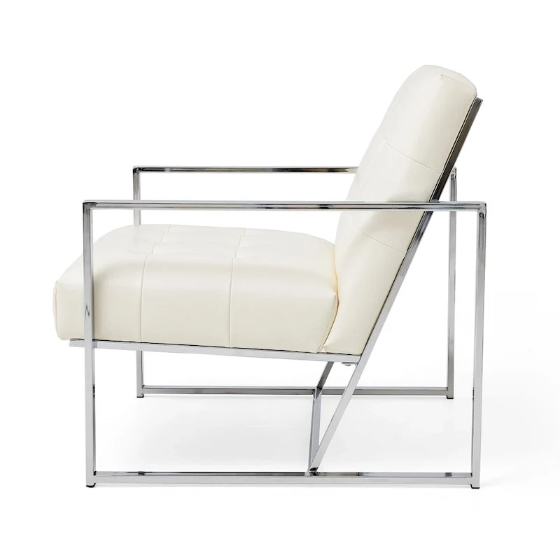 Glitzhome 30.50H Cream Mid-Century PU Leather Tufted Accent Chair with Chrome Plated Frame