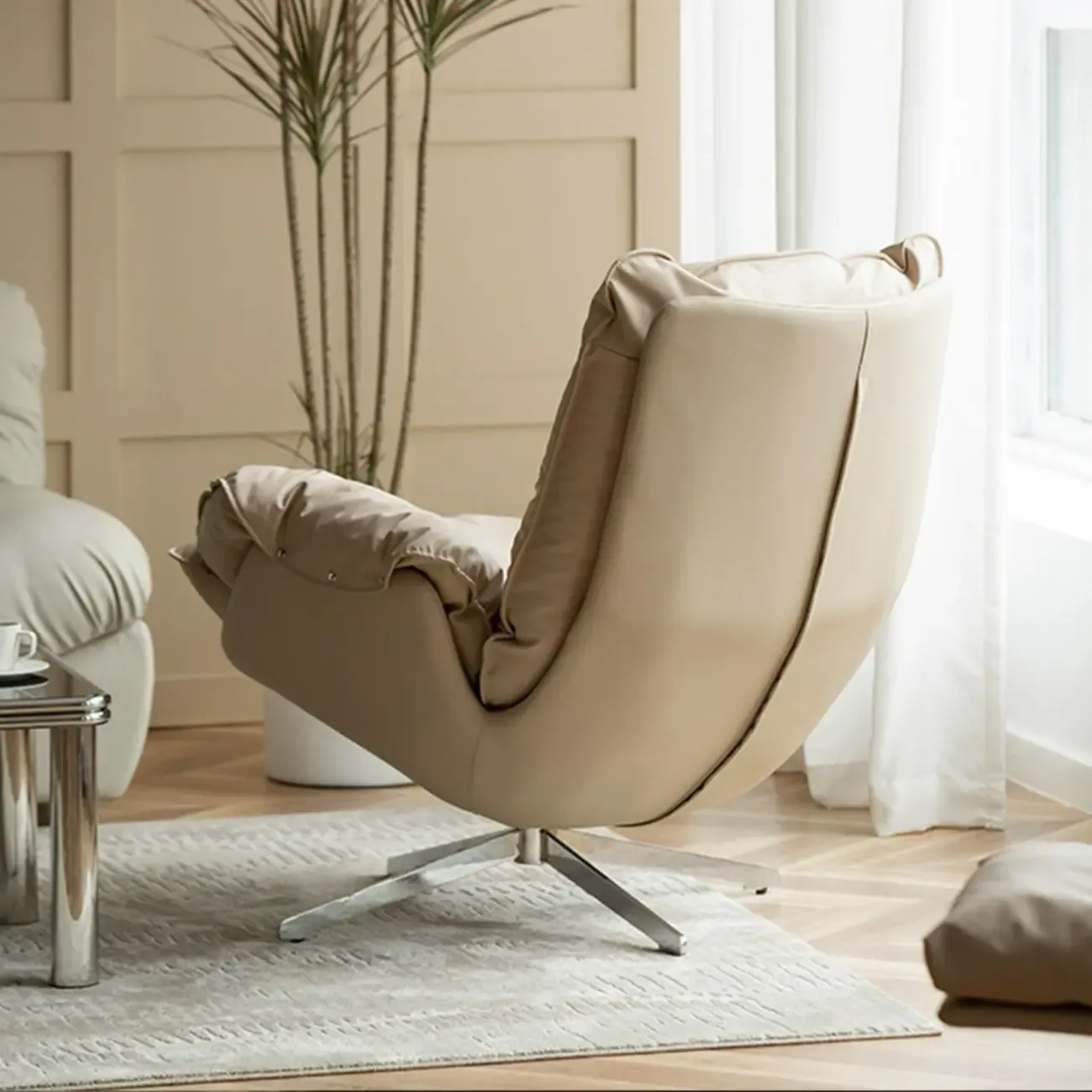 Modern Beige Leather Accent Armchair with Swivel