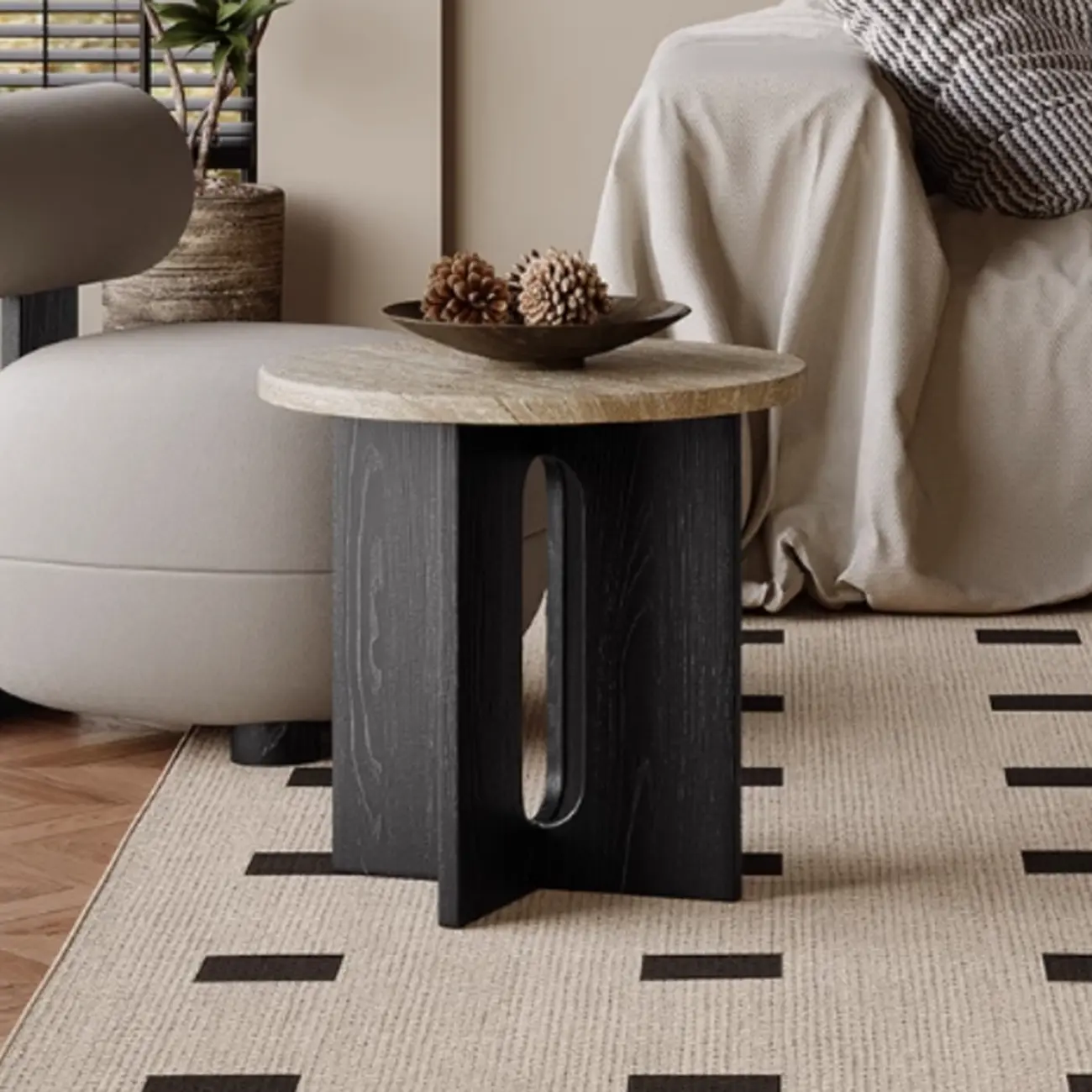Modern Travertine TOP Round Accent Table with Wood Base