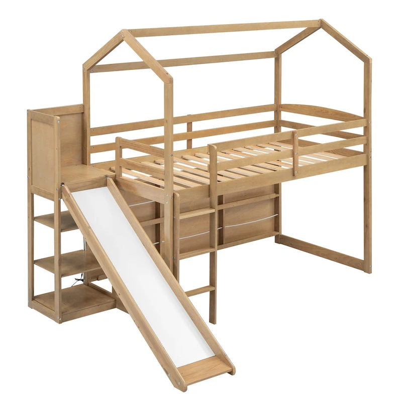 Wood Twin Wood House Loft Bed with Slide