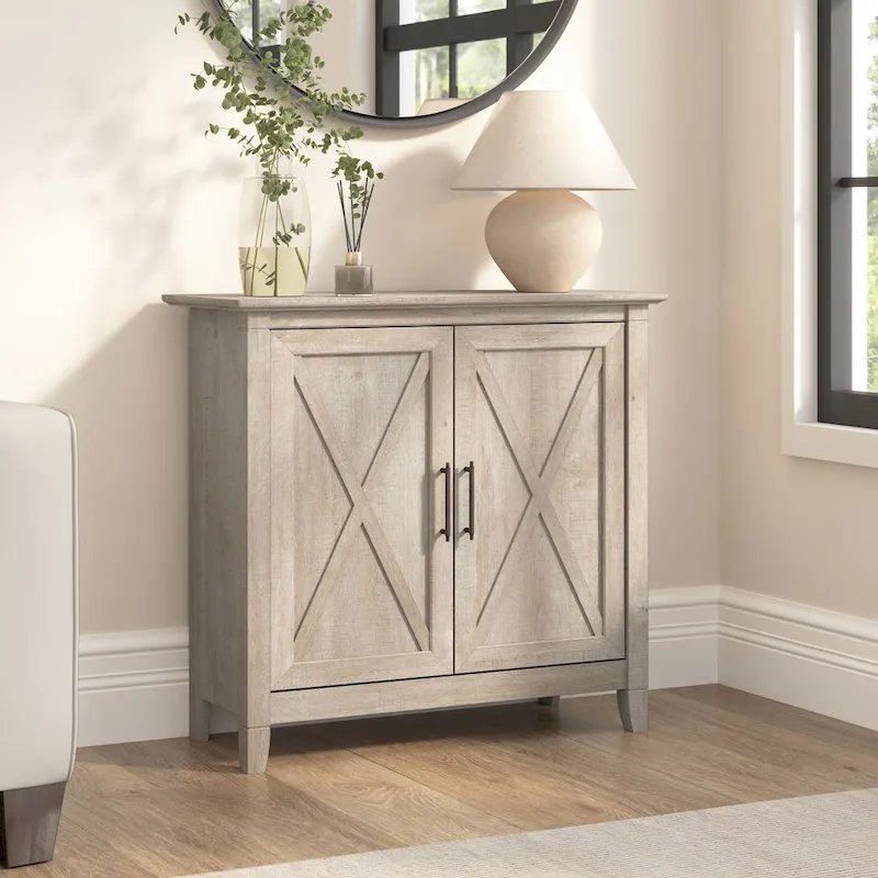 Farmhouse 2-Door Storage Cabinet with X-Pattern Accents and Adjustable Shelf – Cape Cod Gray / Washed Gray / Pure White Oak, for 1 Person