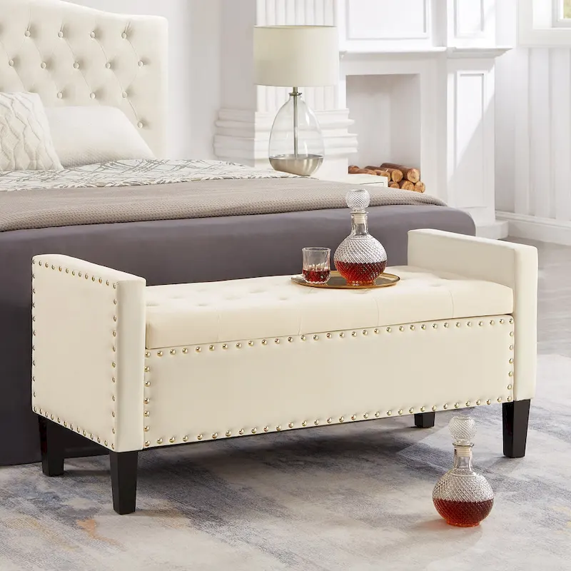 Cream Velvet Tufted Storage Bench with Armrests