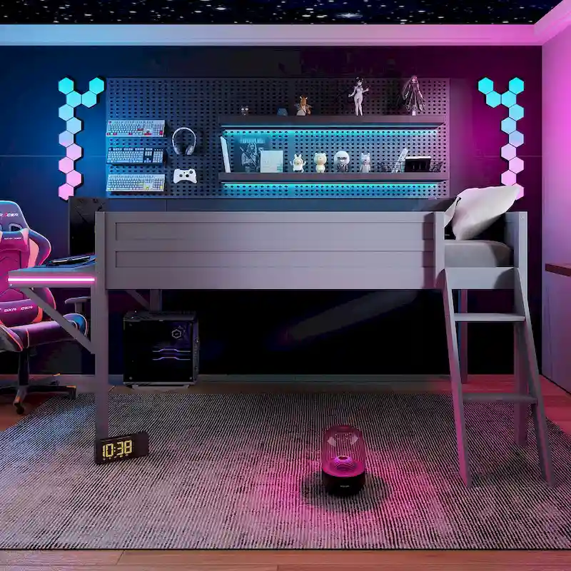 Twin Wood Gaming Loft Bed with LED Desk