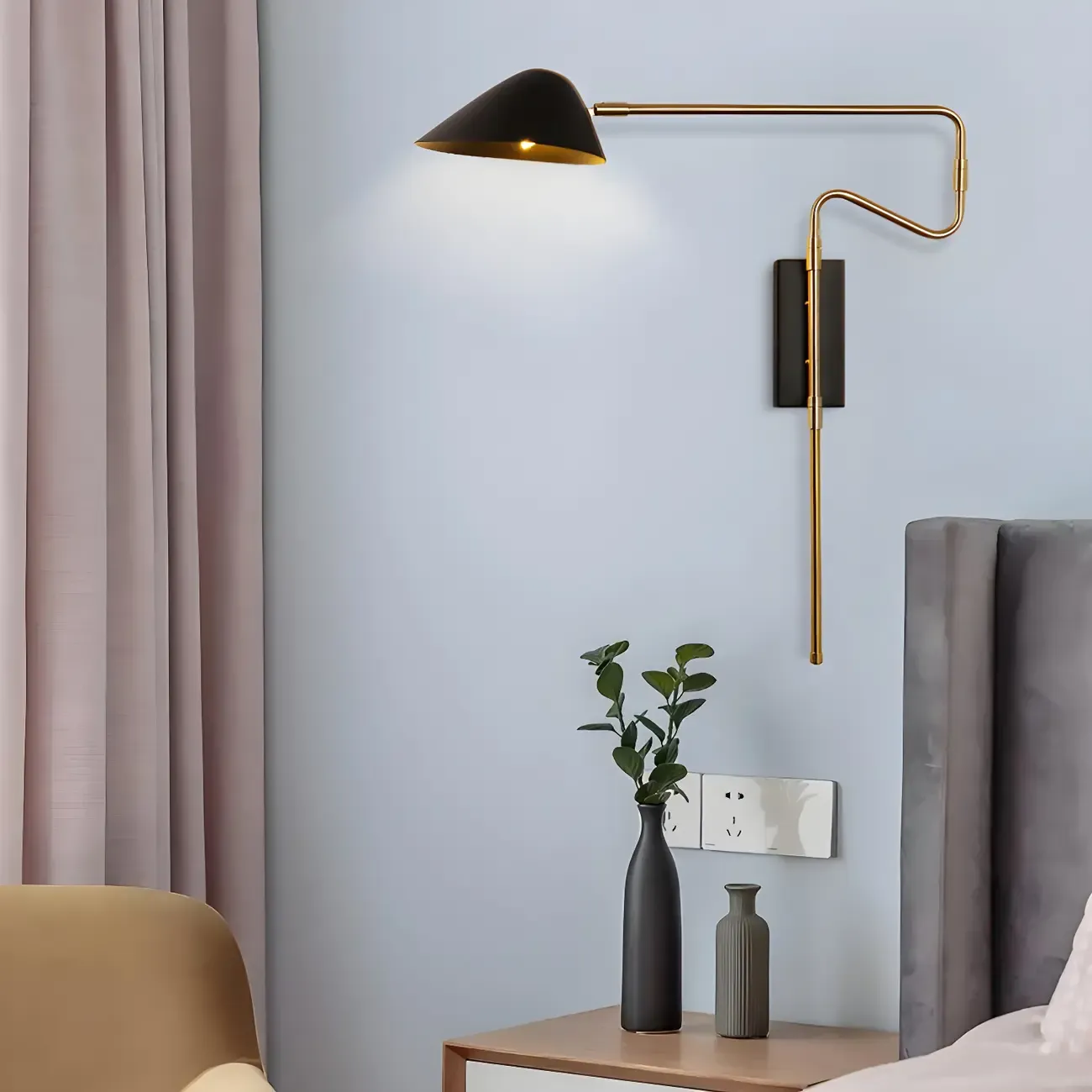 Black Metal Swing Arm Plug in Wall Sconce for Bedroom