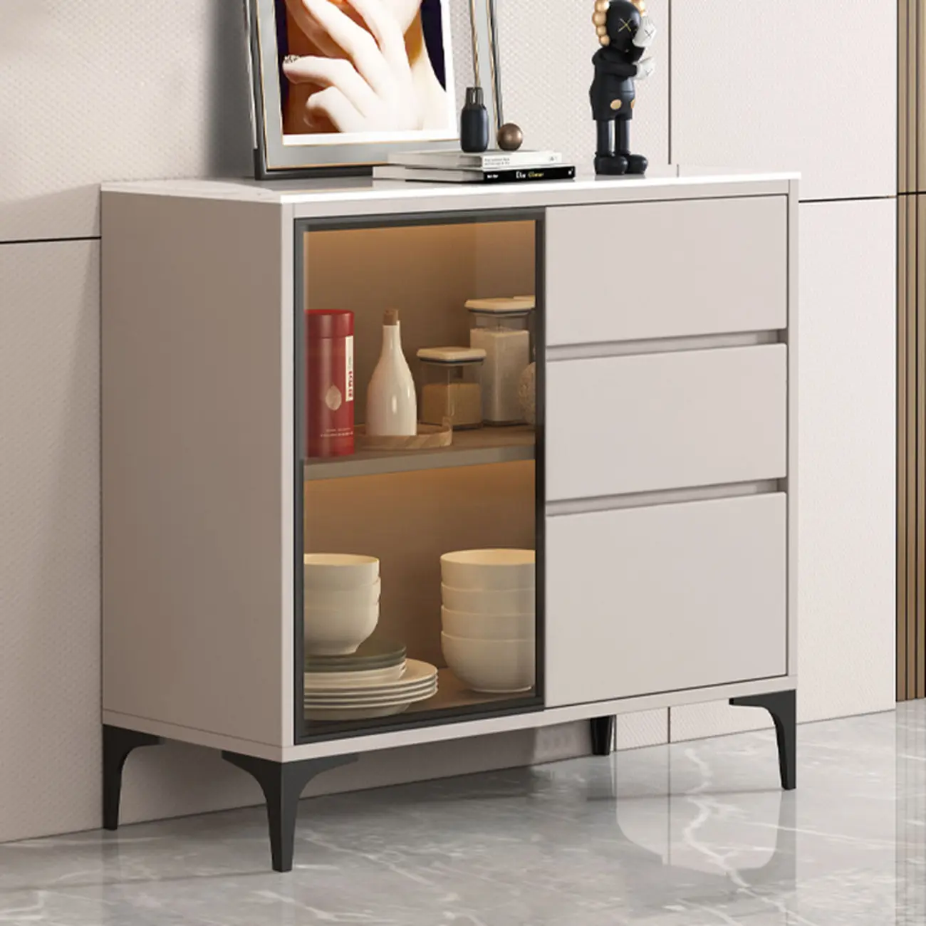 Modern Wood Buffet with Glass Doors Stone Top