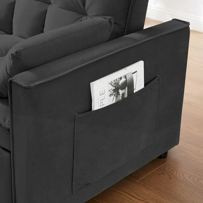Black 55.2 Velvet Pull-Out Sofa Bed with Toss Pillows and Pockets