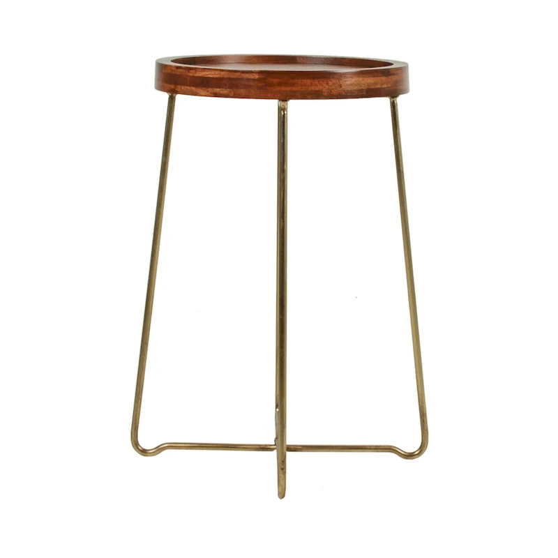 Gold Iron And Natural Wood Round Accent Table by East at Main