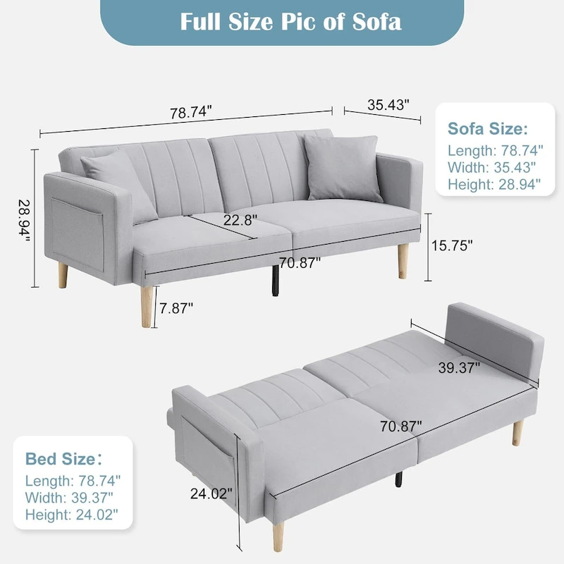 78.74Inch Modern Fabric Sofa Bed 3-in-1 Foldable Sleeper Sofa Bed