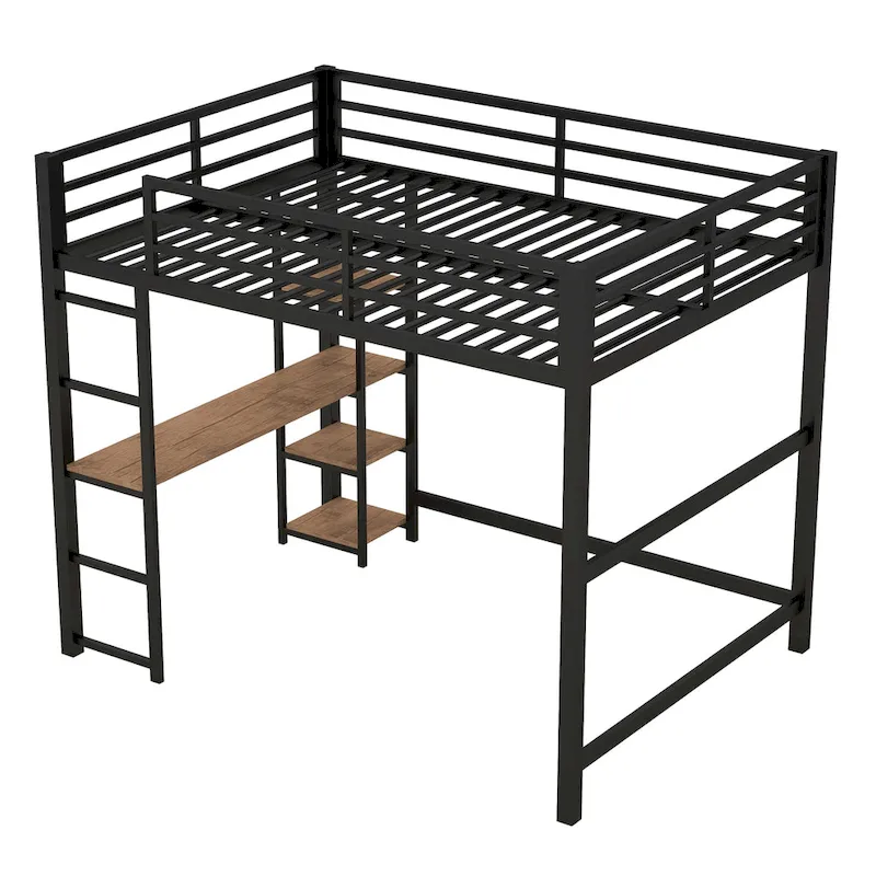 Full Size Metal Loft Bed with Built-in Desk and Storage Shelves, Black