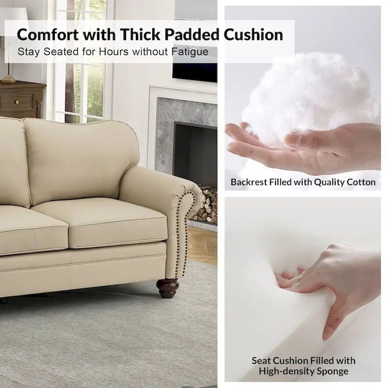 Balvino 81 Wide Transitional Genuine Leather Rolled Arm Sofa with Nailhead Trim and Removable Cushions