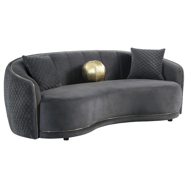 Buo Curved Sofa, 92 Inch, Dark Gray Polyester, Gold Trim, 3 Pillows