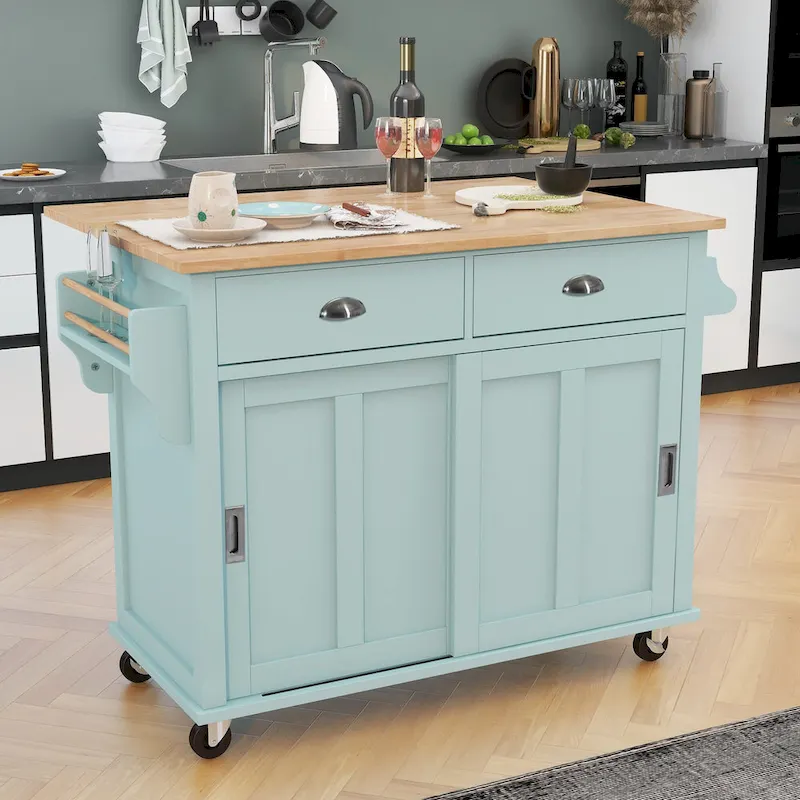 Kitchen Cart With Rubber Wood Drop-Leaf Countertop(no include stool)