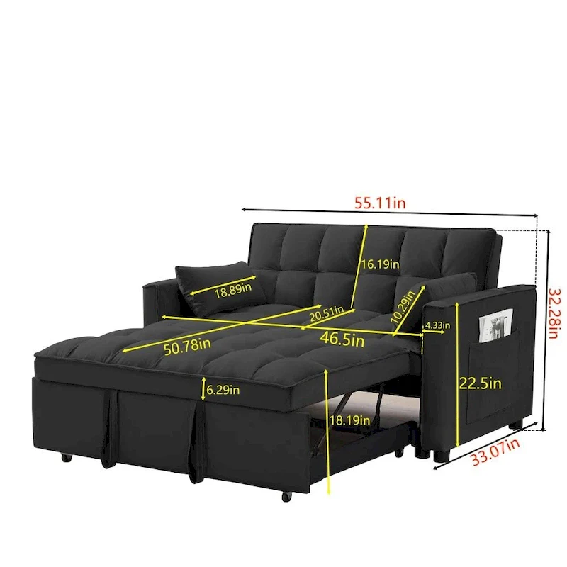 3 in 1 Convertible Velvet Sofa Couch w/Pullout Bed and Reclining Backres