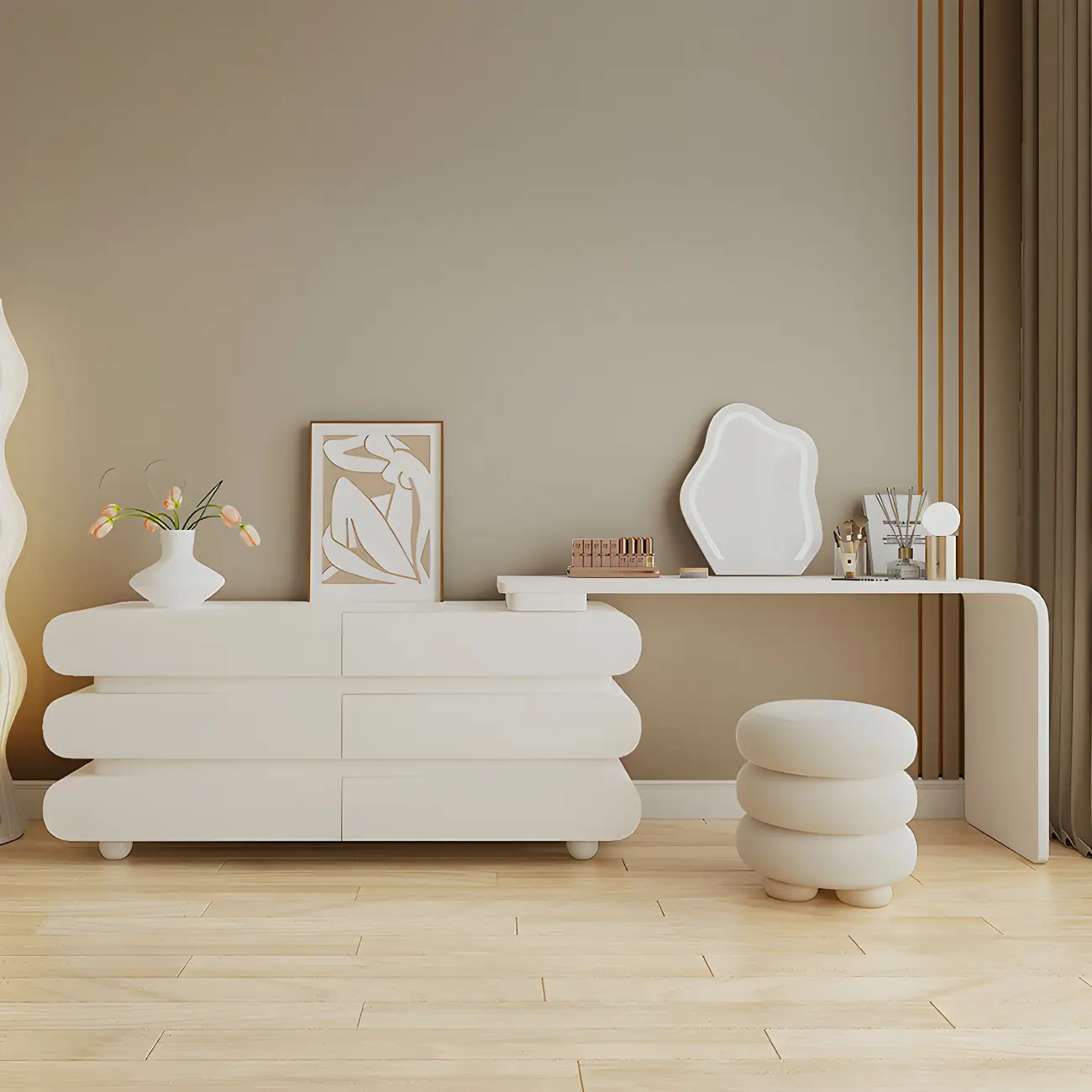 Glam White Oval Wooden Double Dresser with Soft Close Drawers