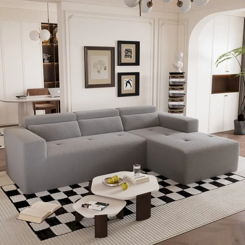 Christopher Knight Home - 109 Modern Modular Sectional Sofa, Teddy Fabric L-Shaped Couch with Chaise & Pillows