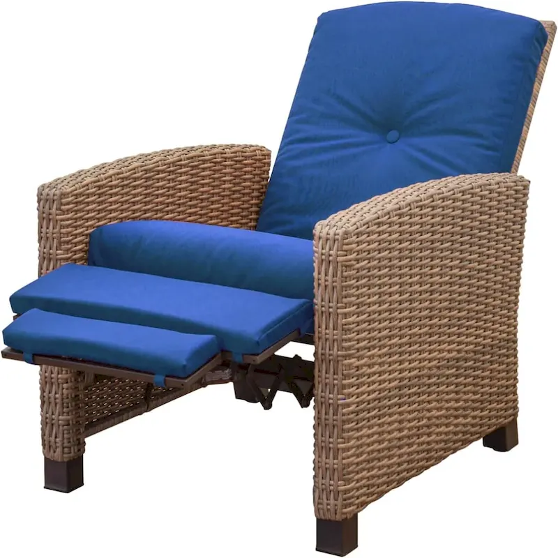 Blue Wicker Outdoor Patio Recliner Chair with Blue Cushion1 Chair - N/A