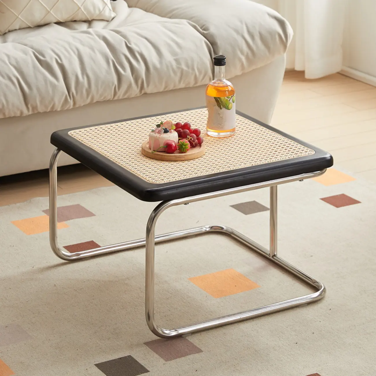 Cherry Finish Rattan Glass Square Nesting Coffee Table