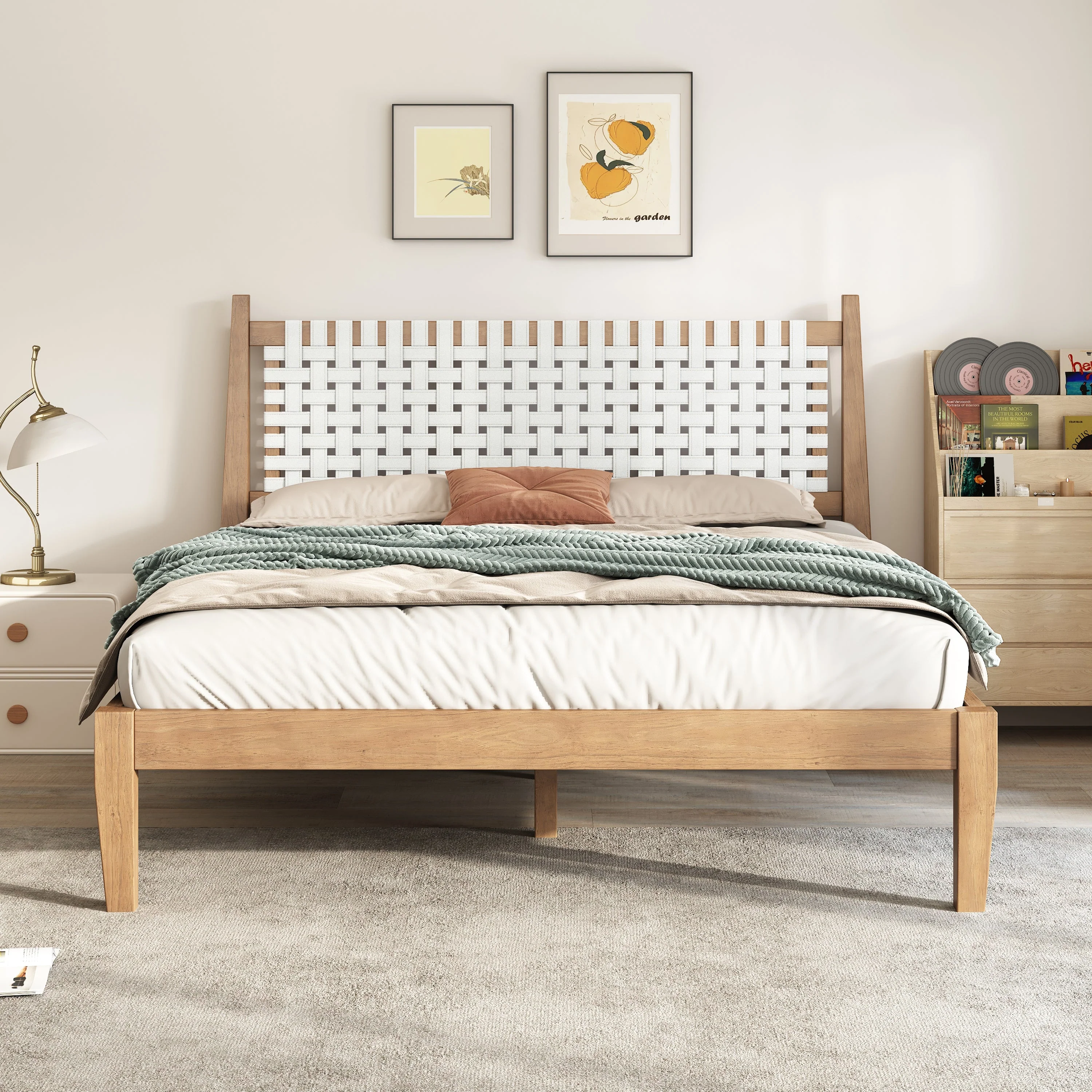Woven White Leather Headboard Queen Pine Wood Bedframe