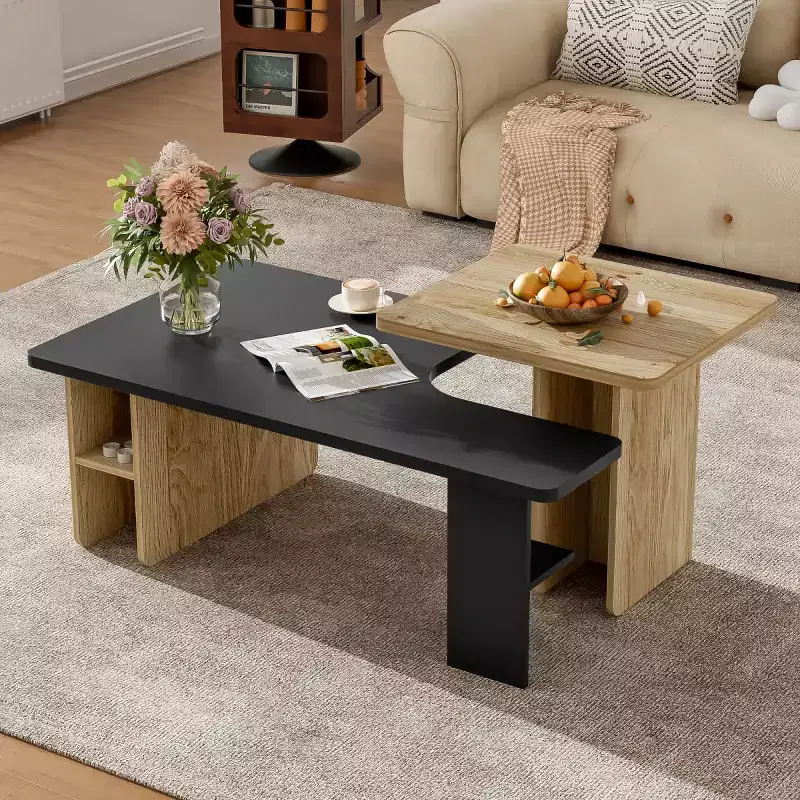 Coffee Table for Living Room Set of 2, Natural Wood and Finish Modern Nesting Rectangle Tables with Storage Shelf - Panipeachy