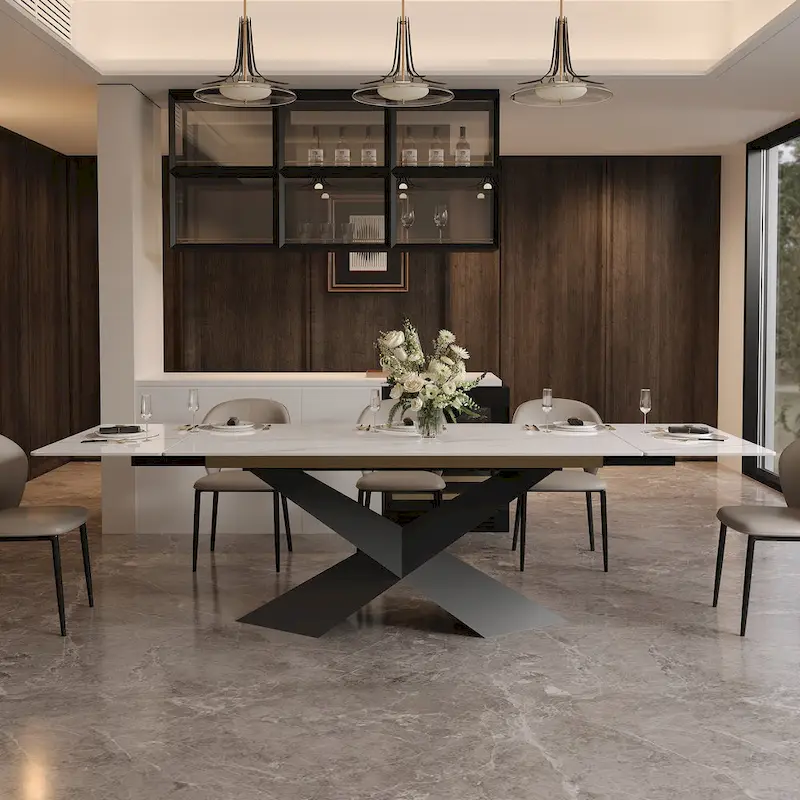 63-95 Extendable Modern Dining Table for 4-10, White Glossy Sintered Stone Tabletop, black X-Shaped Steel Legs - 94.5