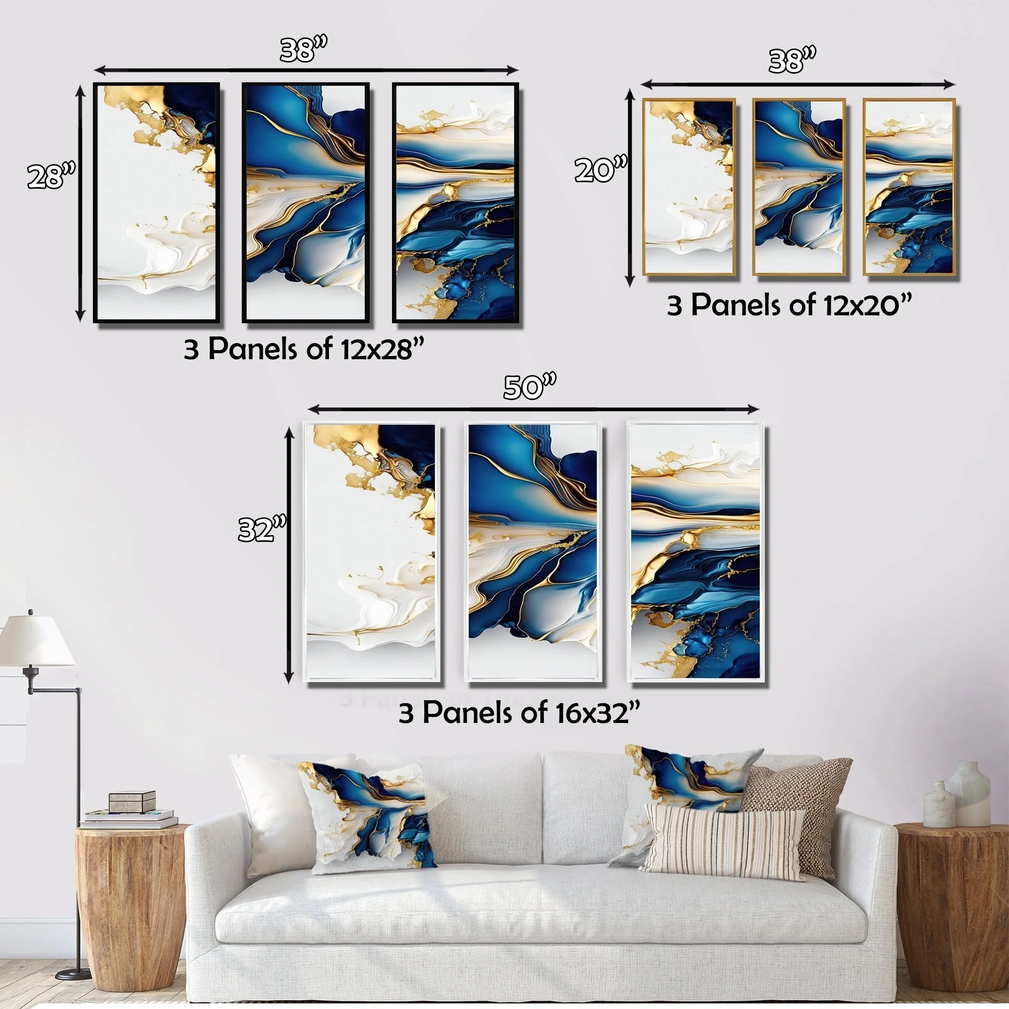 Designart Abstract Geode Gold And Blue Marble Shape III Modern Geometric Framed Canvas Art Print - 3 Panels