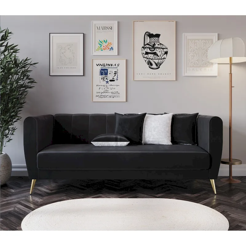 Scarlett Velvet Flared Arm 3-Seater Sofa with 4 Throw Pillow