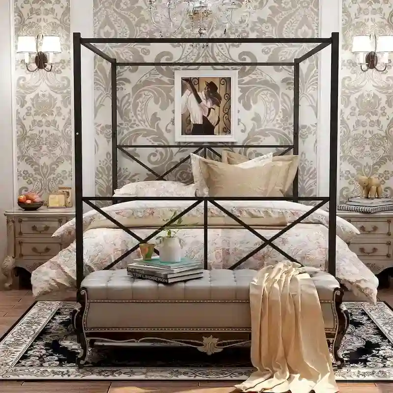 Metal Canopy Bed Frame, Platform Bed Frame Queen with X Shaped Frame Queen