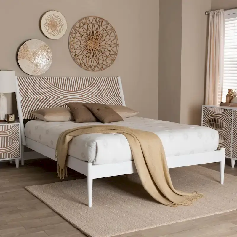 Louetta Coastal White Queen Size Platform Bed with Carved Contrasting Headboard