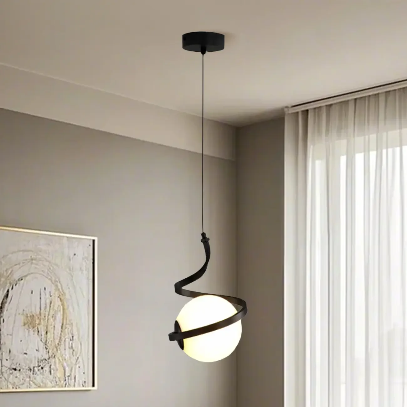 Designer White Ball Pendant Light with Metal Linear for Bedside