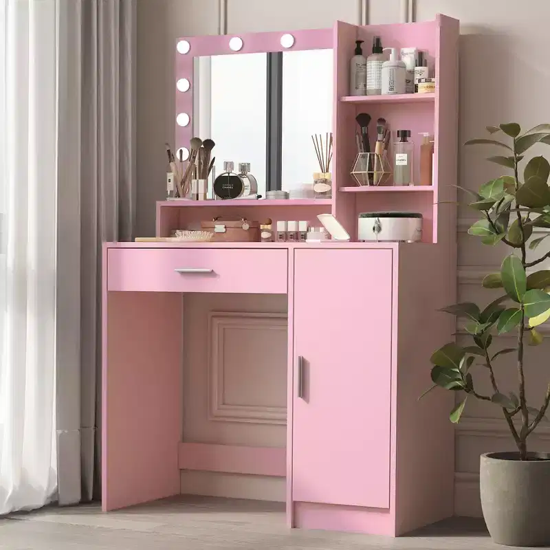 Okak Modern Vanity Table with Mirror & Adjustable LED Lights,Large Dressing Desk with Three Level Storage,Makeup Table for Bedrooms