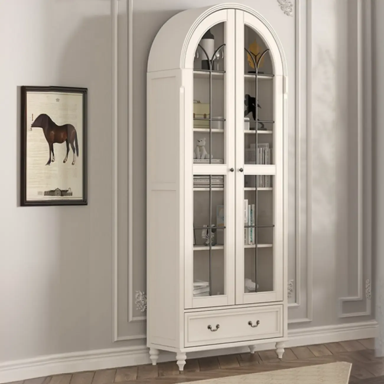 Arched White Wood Glass Doors Storage Display Cabinet