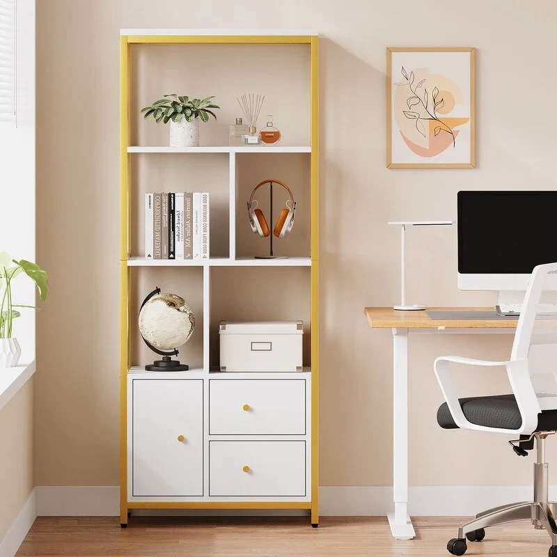 Yellow & Gold Finish Modern Bookshelf with Cabinet & 2 Drawers, Staggered Shelves
