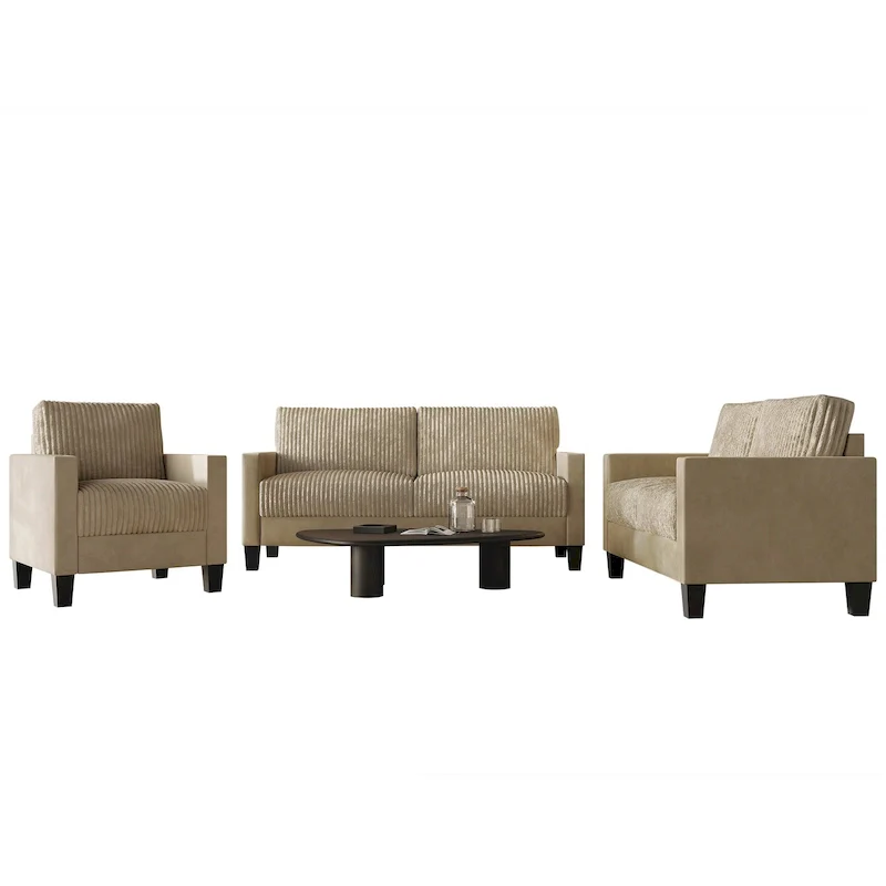CraftPorch Corduroy Mid-Century Modern Velvet Upholstered 3-Piece Living Room Set
