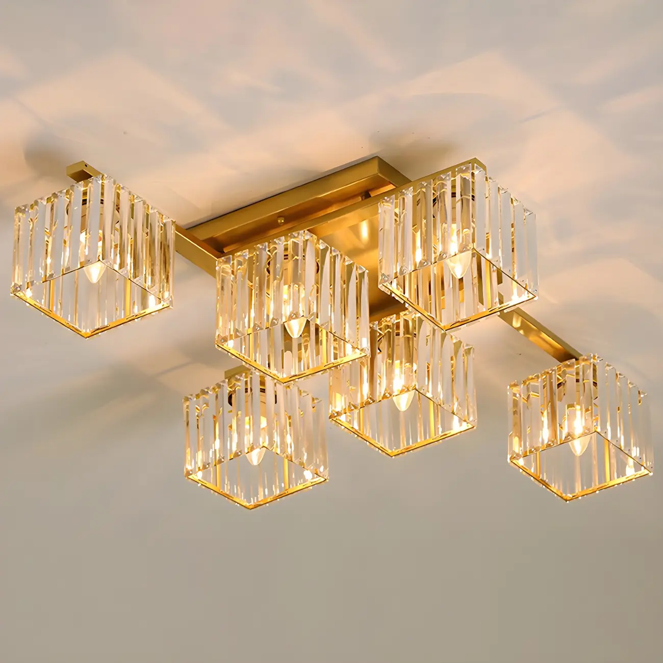 Modern Square Gold Crystal Flush Ceiling Light in 8 Lights