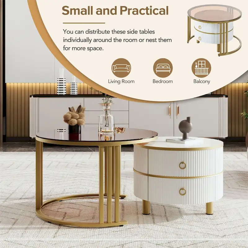 Stackable Coffee Table,Nesting Tables with Brown Tempered Glass,2 PCS