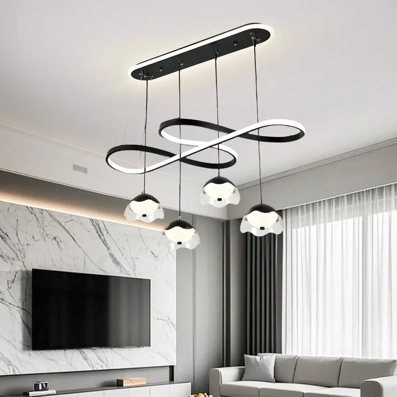 Adjustable 2 Tiers Black Metal 6-Light Dimming Pendant Light