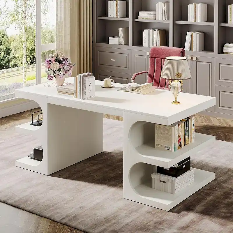 62" Executive Desk with Shelves, White, Wood, Seats 1