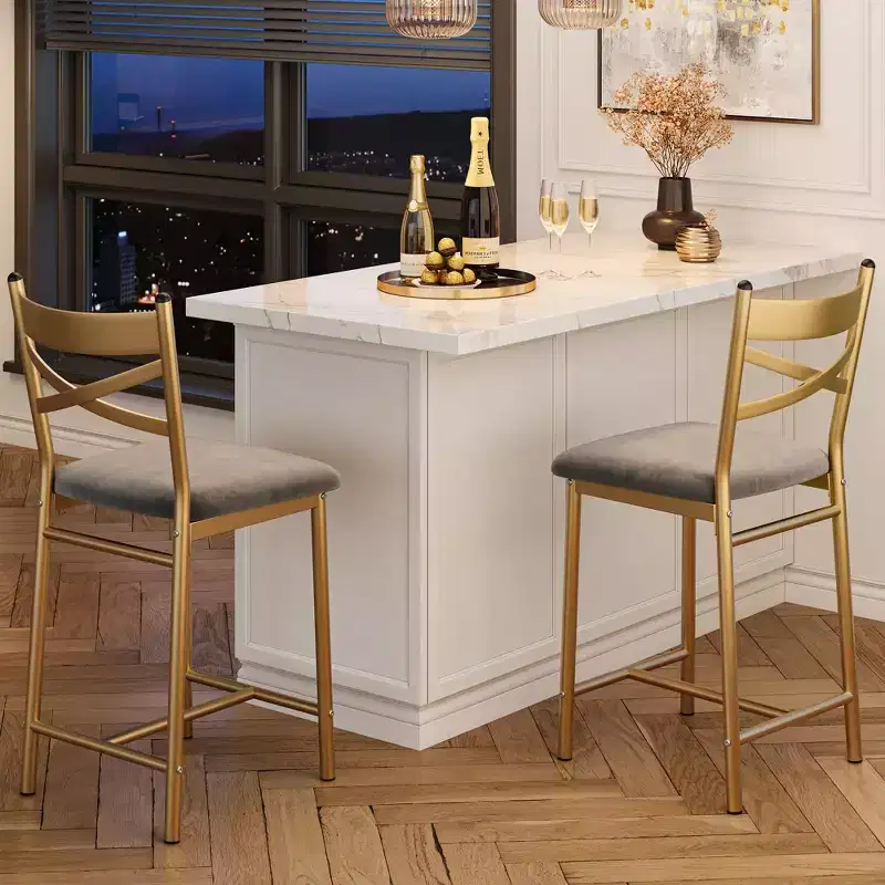 Set of 2 Counter Height Bar Stools with Back, Upholstered Faux Leather Bar Chairs with Thick Cushion and Footrest