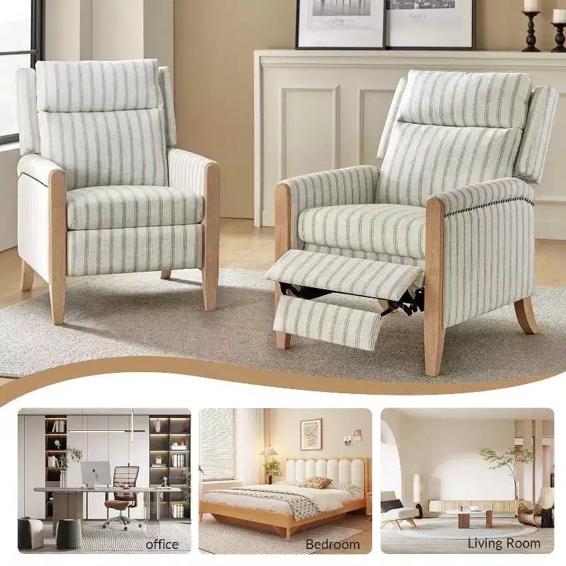 Upholstered Push Back Recliner, Set of 2 — Beige / Blue / Grey / Stripe