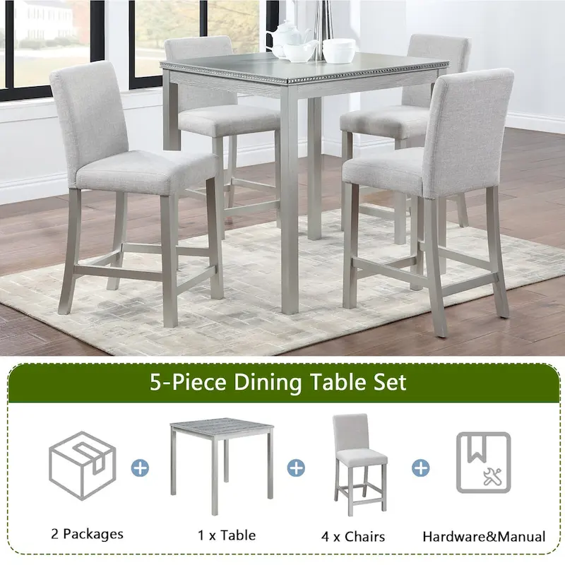 5 Piece Counter Height Table Set, Wooden Kitchen Table Set with Square Table and 4 Upholstered Chairs