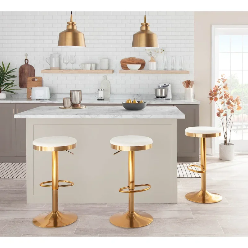 Gold Steel Barstool with Upholstered Seat - Set of 2 - Adjustable Height 23-31.75H