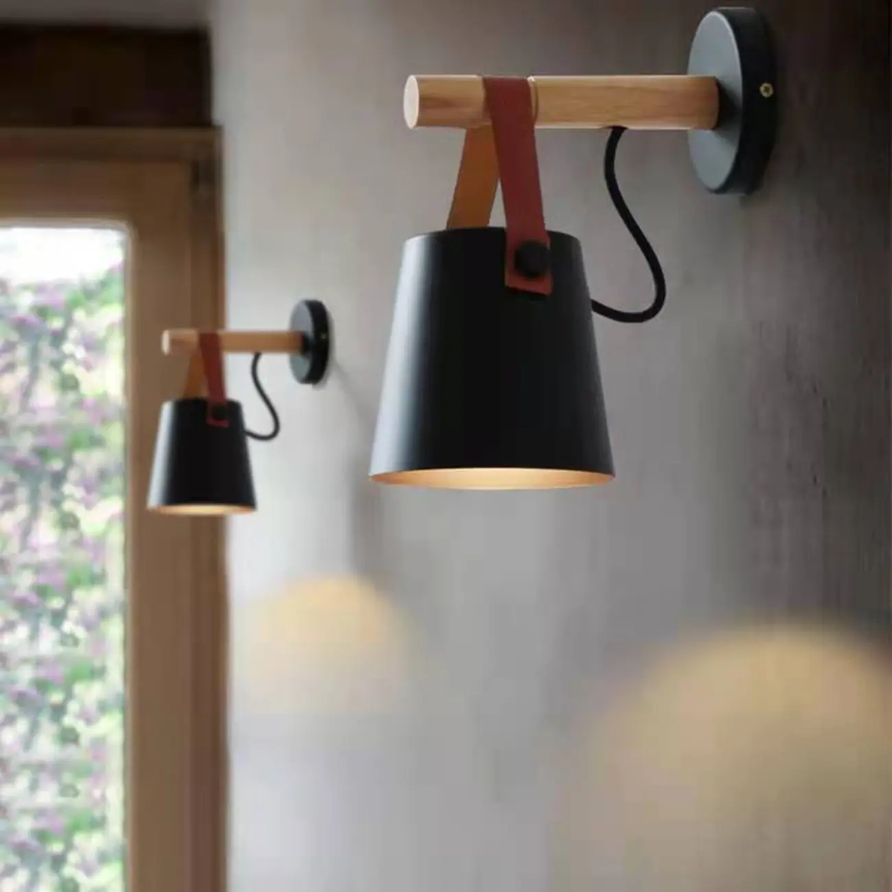 Modern Wall Sconce Wood and Metal with Leather Strap