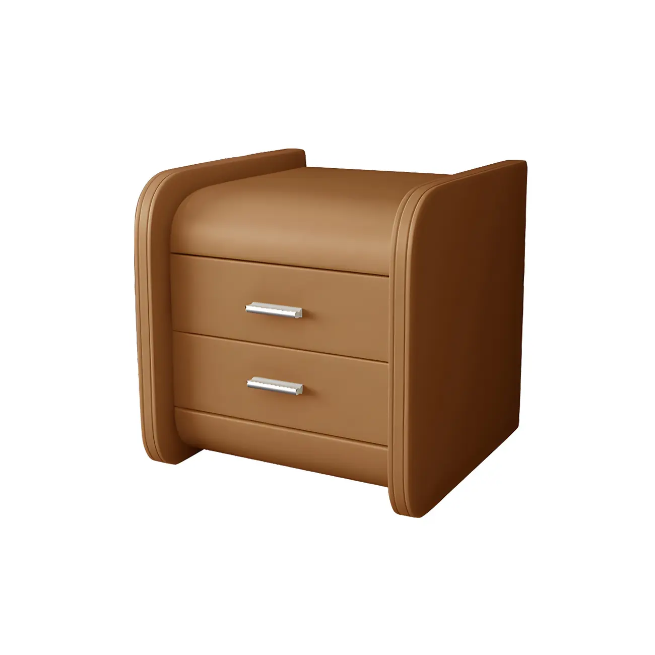 Modern Round Edge Nightstand with 2 Drawers in Beige Leather