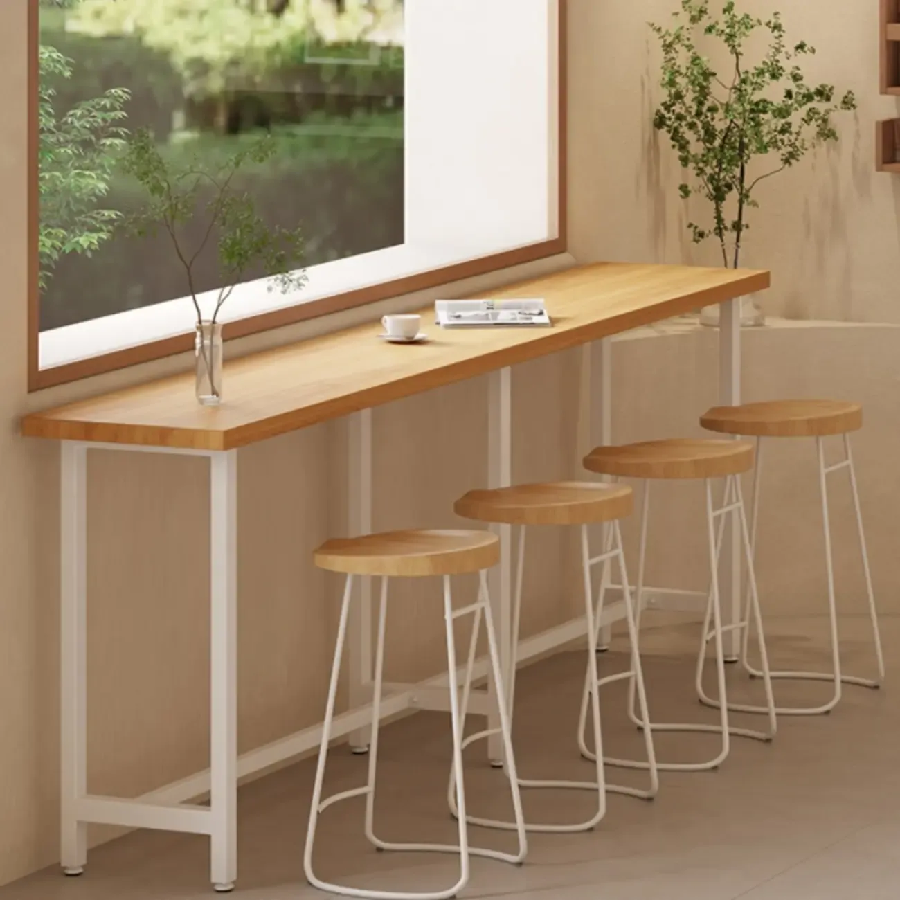 Natural Wooden Top Bar Table Metal Base with Footrest