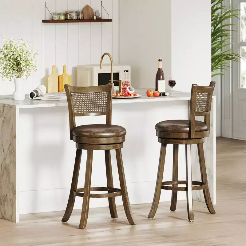 2 Bar Stools 30 Swivel Bar Chairs w/ PE Rattan Backrest Bar Height